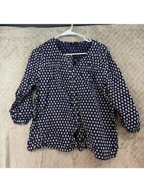 Talbots Blouse Womens Lp Navy Blue & White Ditsy Floral Button-Up 3/4 Sleeve